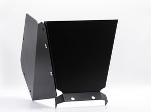 The StayFlush Clean Slate Console – Universal Blank Build Platform by StayFlush Motorsports is a black metal bracket with angular panels, mounting holes, and a matte finish, shown upright against a plain white background and secured with visible screws.
