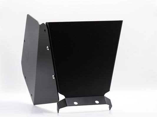 The StayFlush Clean Slate Console – Universal Blank Build Platform by StayFlush Motorsports is a black metal bracket with angular panels, mounting holes, and a matte finish, shown upright against a plain white background and secured with visible screws.