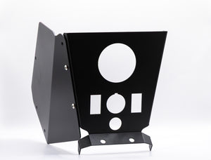 The StayFlush Cyclops Console + 2-Switch by StayFlush Motorsports is a black metal UTV center console with angled panels, multiple circular and rectangular cutouts, and visible side screws, shown upright on a white background.