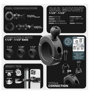 BC3 Universal Clamp for 1-1/4" to 1-1/2" Bars | Black | Combo 20mm Metal Ball and Dovetail | Bushings Included